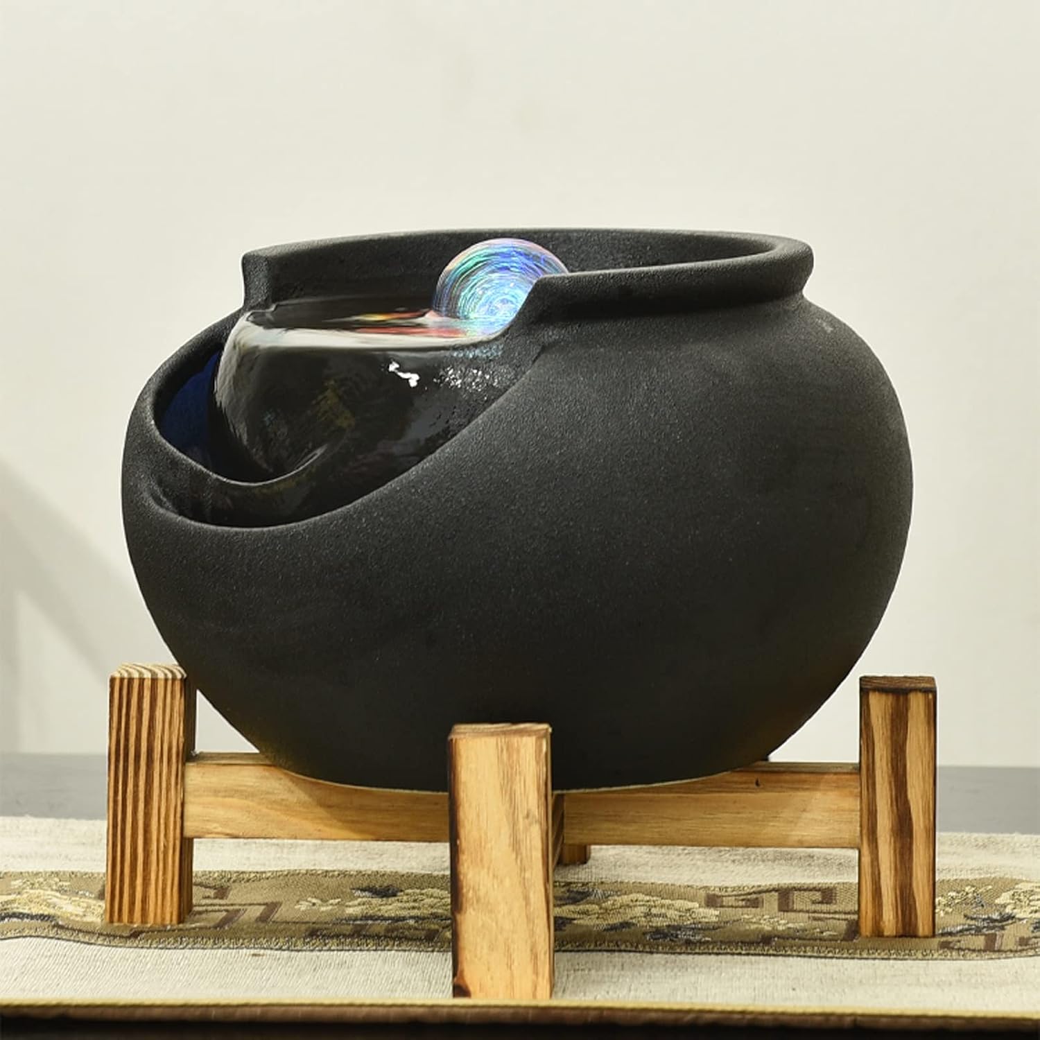 Desktop Fountain Ceramic Tabletop Fountain Home Decor Office Patio Pot for Indoor Use, Black
