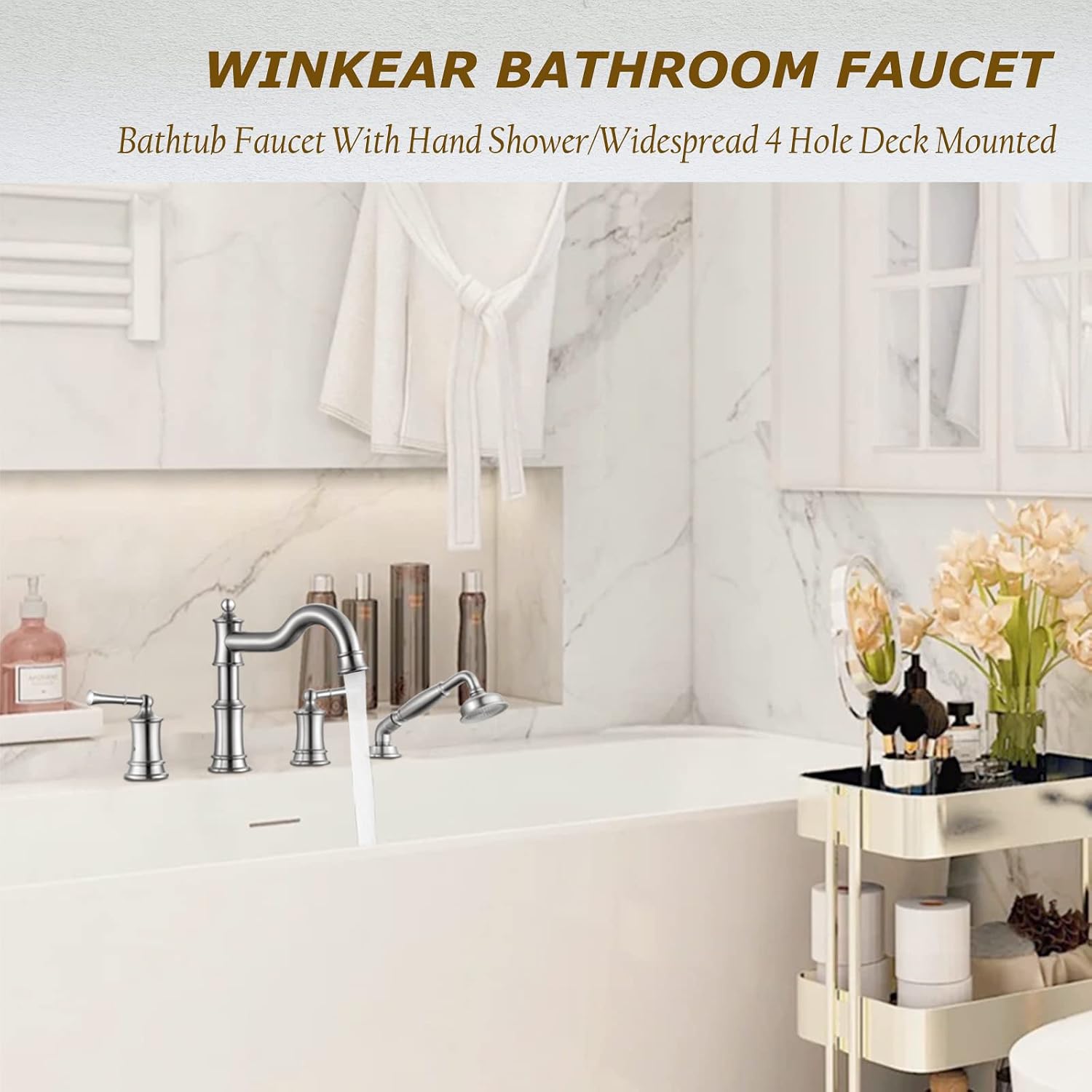 Roman Bathtub Faucet Set With Hand Shower 4 Hole Deck Mount Tub Filler With Diverter, 2 Lever Handle Rough-in Valve and Water Supply Lines Included for Bathroom Tub, Brushed Nickel
