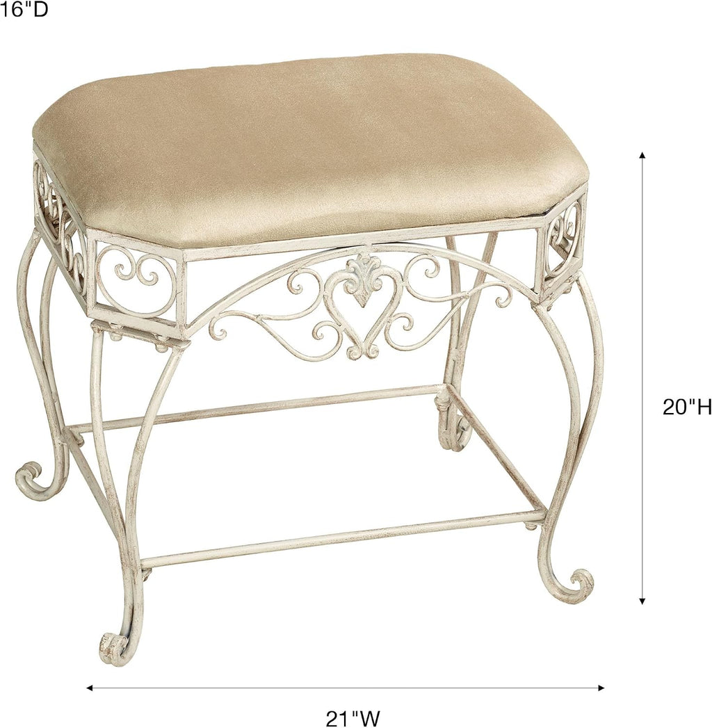 Touch of Class Aldabella Traditional Upholstered Vanity Bench | Creamy Gold | Cushion is Polyester | Handcrafted Metal | Chairs for Makeup, Bathroom | Elegant Accent Furniture