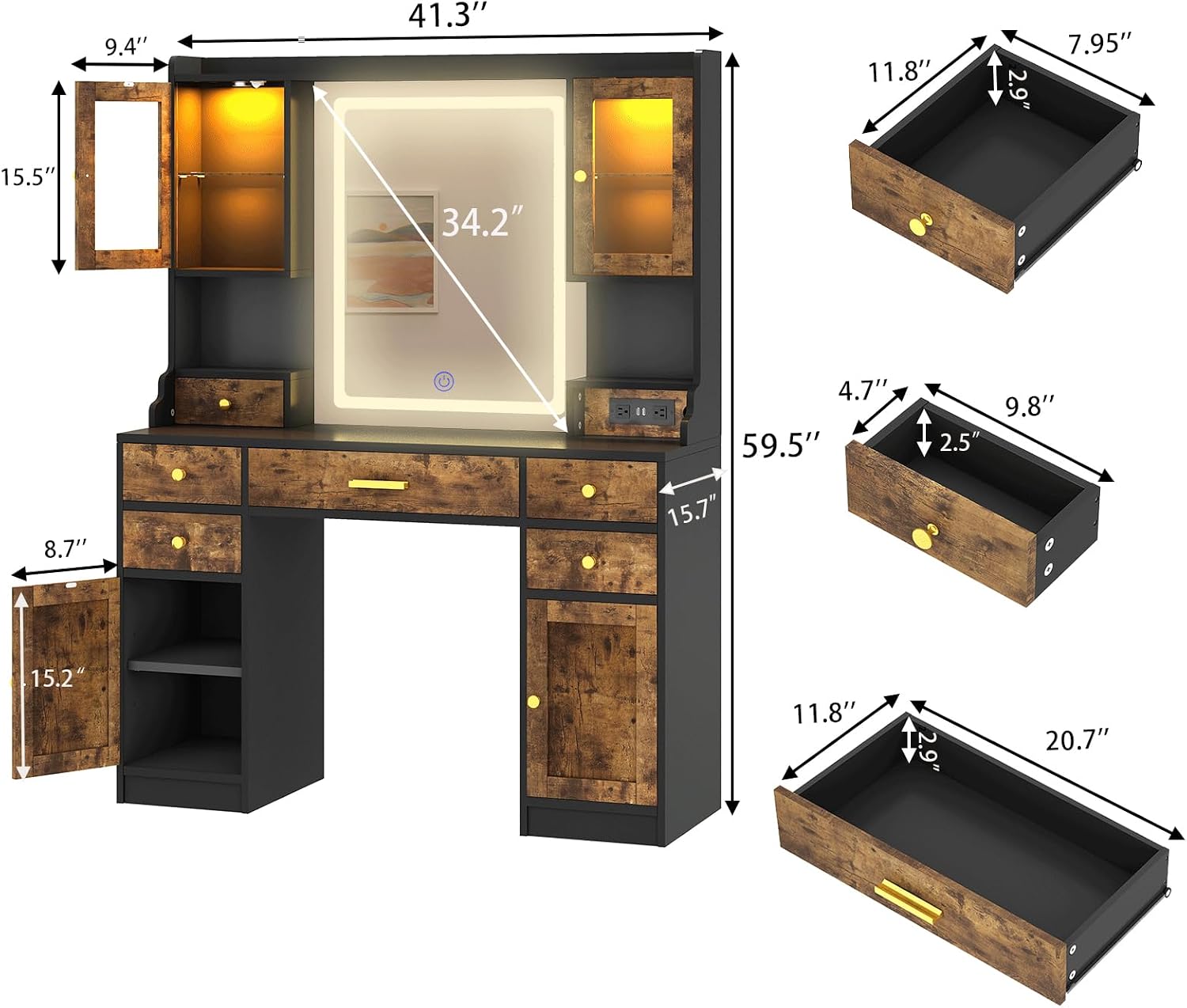 CSZZD Makeup Vanity Desk with Mirror and Lights in 3 Colors, Dressing Vanity Table with Charging Station, Large Vanity Mirror with 6 Storage Drawers & 2 RGB Cabinets for Girls, Women, Rustic Brown