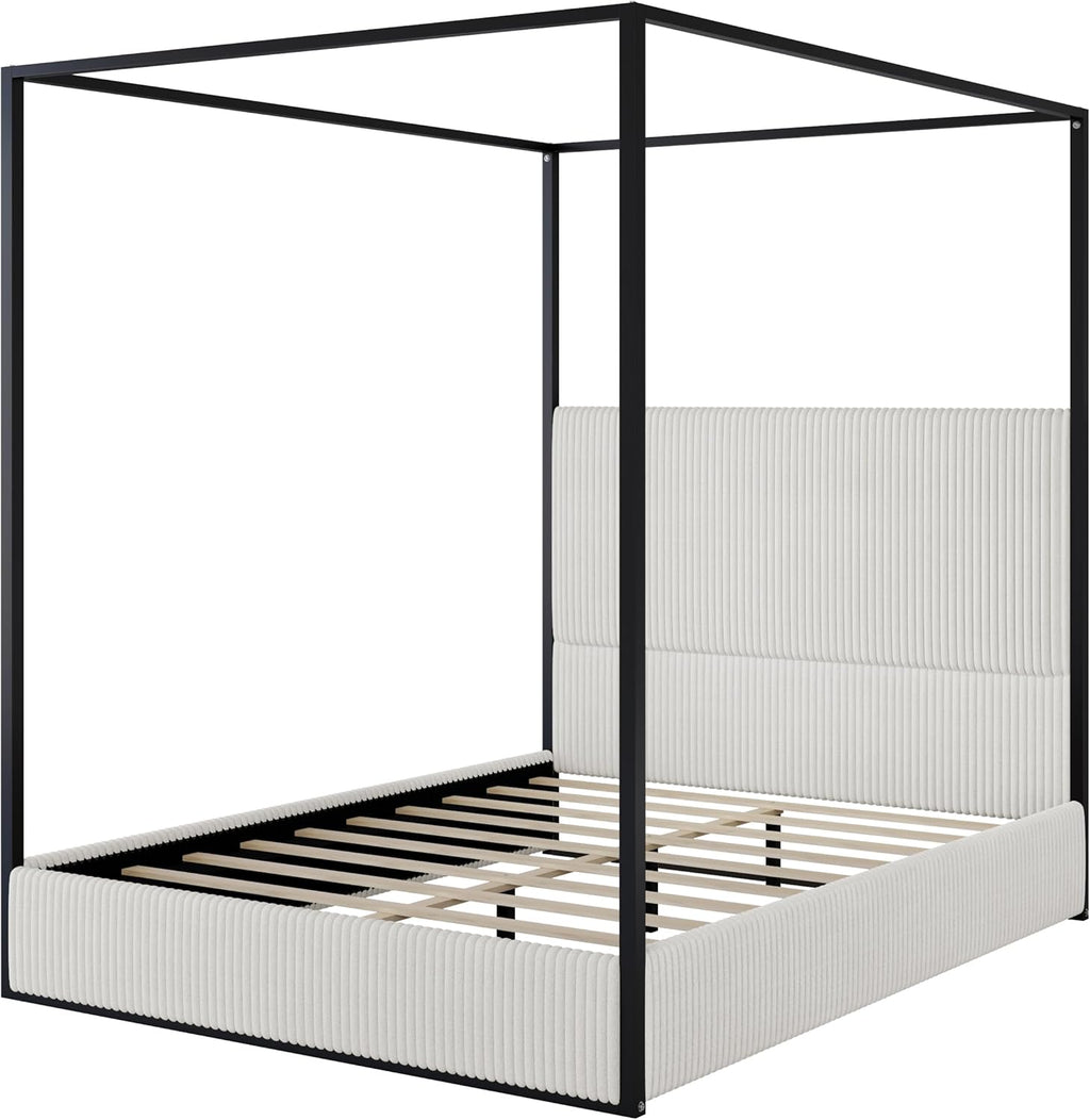 Modern 4-Poster Canopy Platform Bed Queen Size with Tall Upholstered Headboard, Metal Canopied Design Platform Bed Frame with Strong Slats Support, No Box Spring Needed (White, Queen)