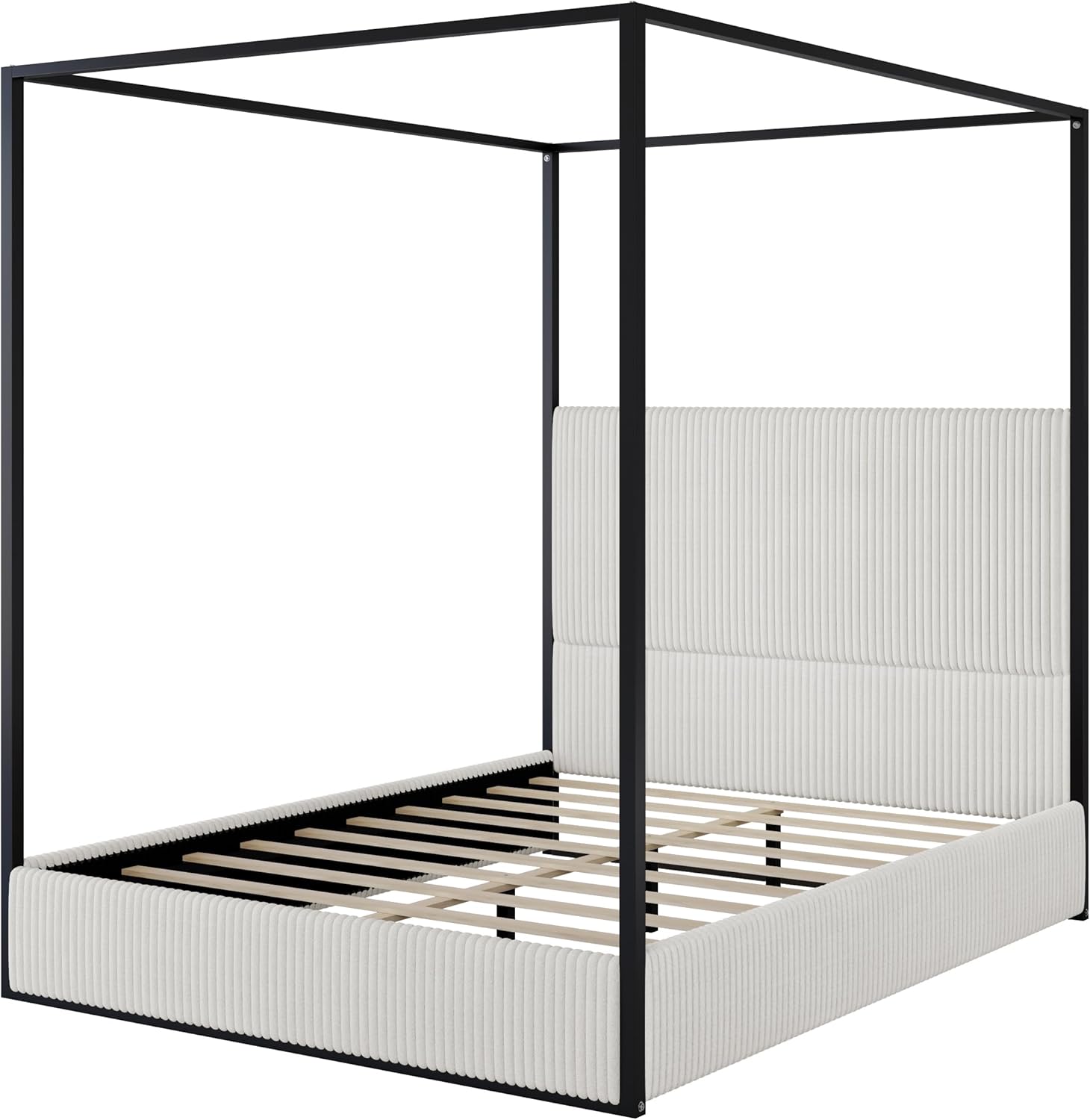 Modern 4-Poster Canopy Platform Bed Queen Size with Tall Upholstered Headboard, Metal Canopied Design Platform Bed Frame with Strong Slats Support, No Box Spring Needed (White, Queen)