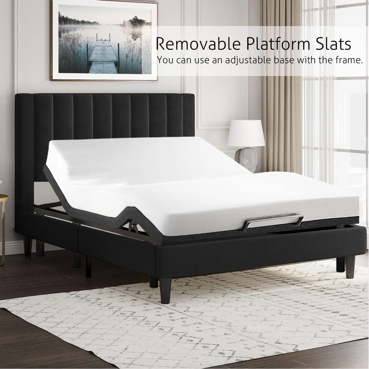 SHA CERLIN King Bed Frame/Velvet Upholstered Platform Bed Frame with Headboard/Strong Wood Slats Support/Mattress Foundation/No Box Spring Needed - Black