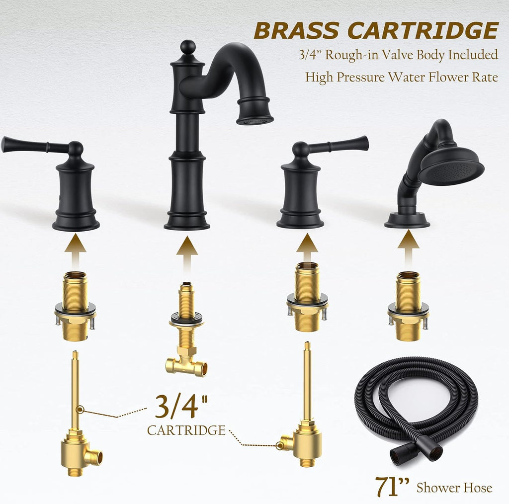 Roman Bathtub Faucet Set With Hand Shower 4 Hole Deck Mount Tub Filler With Diverter, 2 Lever Handle Rough-in Valve and Water Supply Lines Included for Bathroom Tub, Matte Black