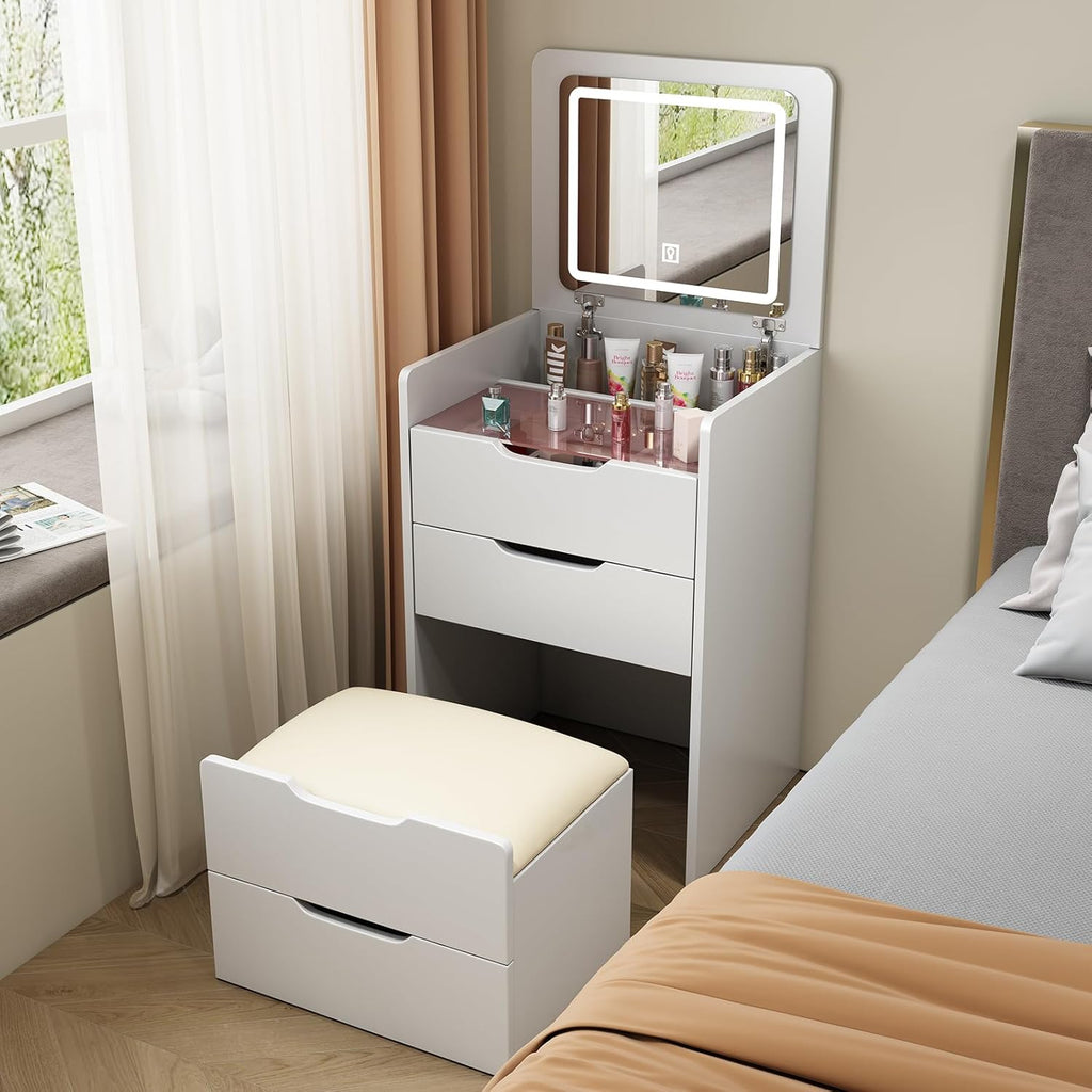 3 in 1 Vanity Desk with Plip Top Mirror and Lights, 18.9' Small Make Up Vanity Set with Visible Glass Desktop,Compact Makeup Vanity with 3 Drawers,Dressing Table for Bedroom,White