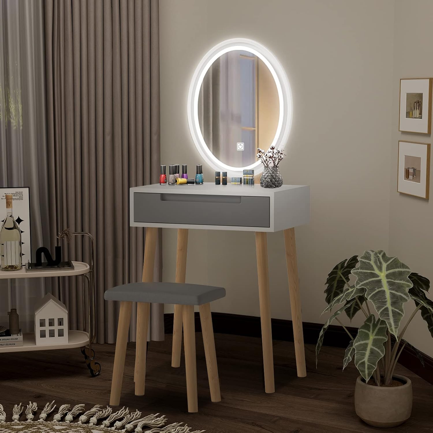 YOURLITE Small Vanity Desk with Mirror and Lights,Makeup Vanity Desk with Chair and Drawers for Small Space,Grey Vanity Dresser for Bedroom