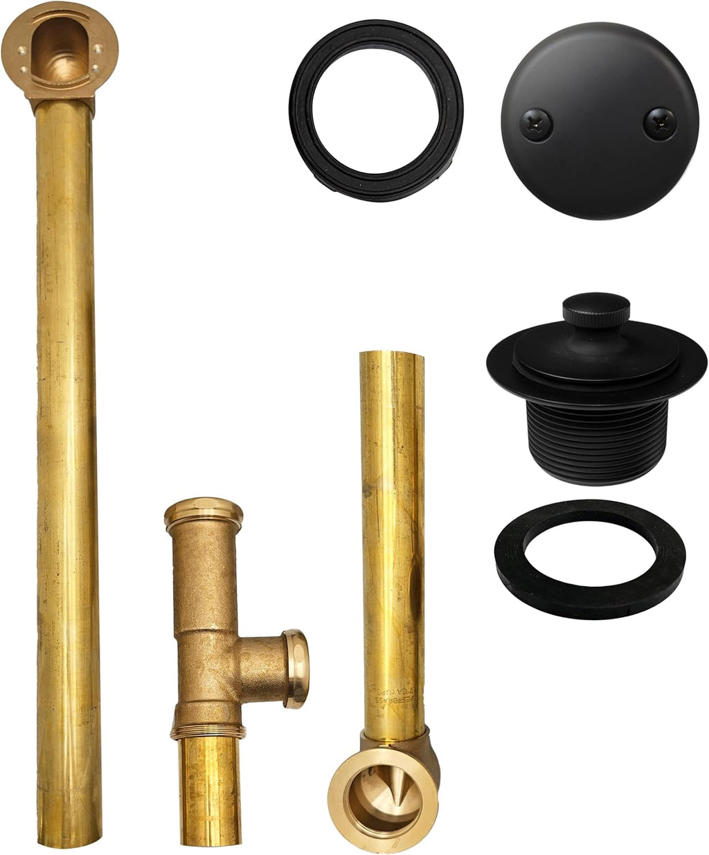 Westbrass A3264-62 22-1/2' Brass Bath Waste & Overflow Assembly with Pull Drain Plug and 2-Hole Faceplate, Matte Black