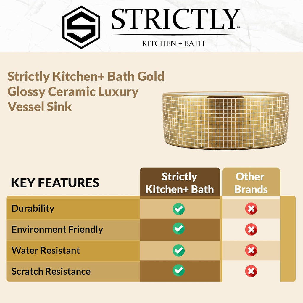 Strictly Sinks 16 Inch Gold Vessel Sink – Round Mosaic Ceramic Countertop Bathroom Sink – Easy to Install Above Counter Luxurious Vessel Sink for Bathroom (16-5/8″ W x 16-5/8″ L x 7-11/16″ H)