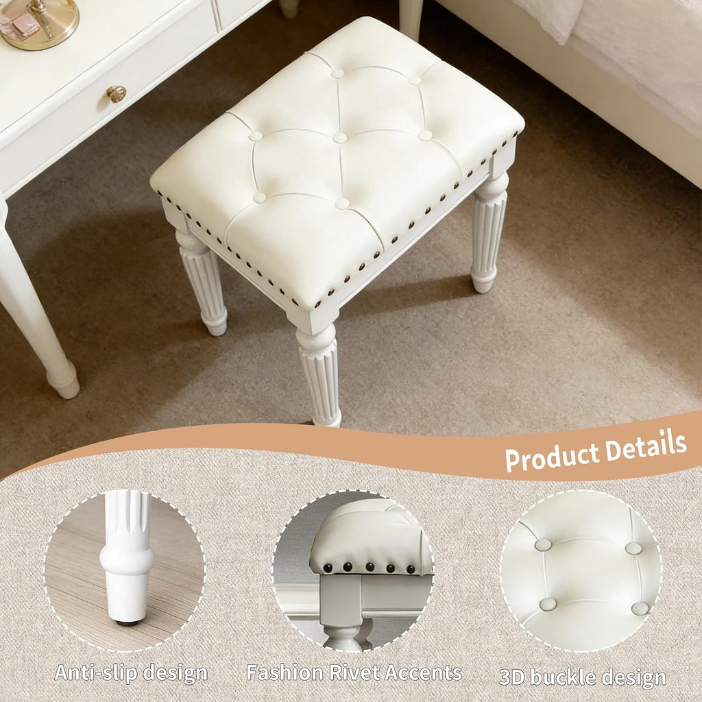 Vanity Stool with White Faux Leather Cushion, Small Vanity Bench-Tufted Leatherette Seat with Nailhead Trim & Button-Tufted Design,Solid Wood Legs with Carved Detail, Backless Makeup Stool for Bedroom
