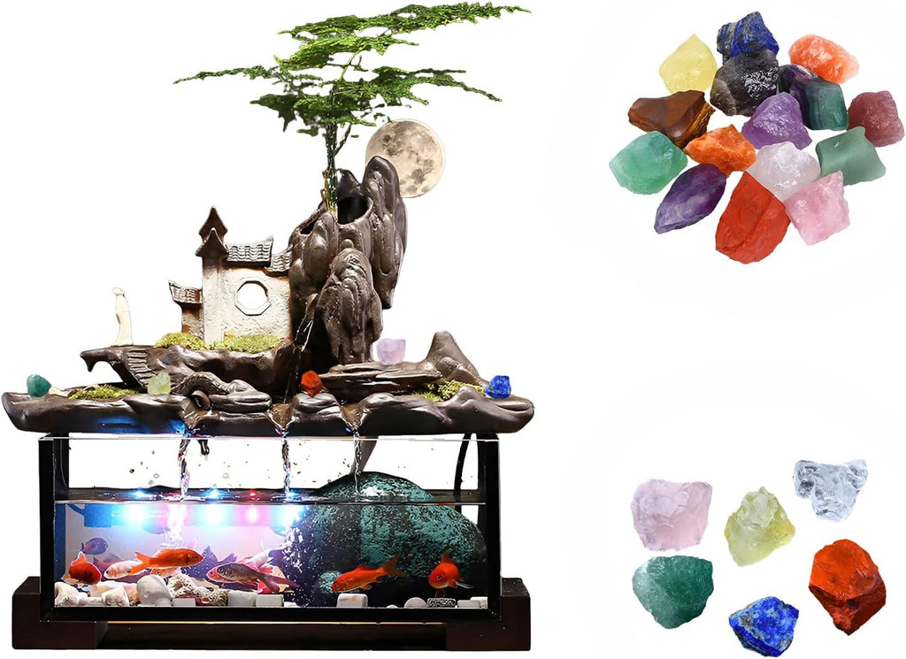 Desktop Ceramic Water Fountain Fish Tank - Adjustable Water Flow with LED Lights | Indoor Decoration Fortune Gifts+15 PCS Free Crystals (Style 5)