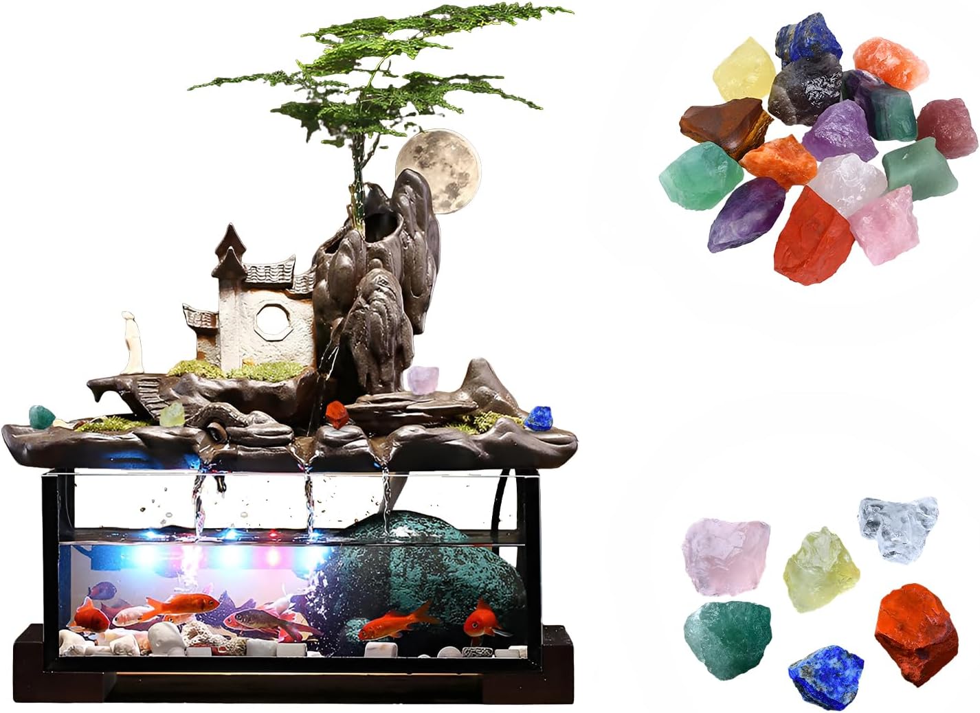 Desktop Ceramic Water Fountain Fish Tank - Adjustable Water Flow with LED Lights | Indoor Decoration Fortune Gifts+15 PCS Free Crystals (Style 5)