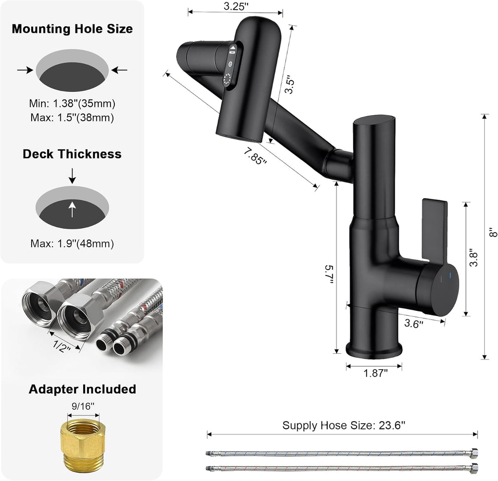 Lefton Rotatable Bathroom Faucet BF2204 with Pop-up Bathroom Sink Drain Stopper Without Overflow D01 (Contemporary, Matte Black)