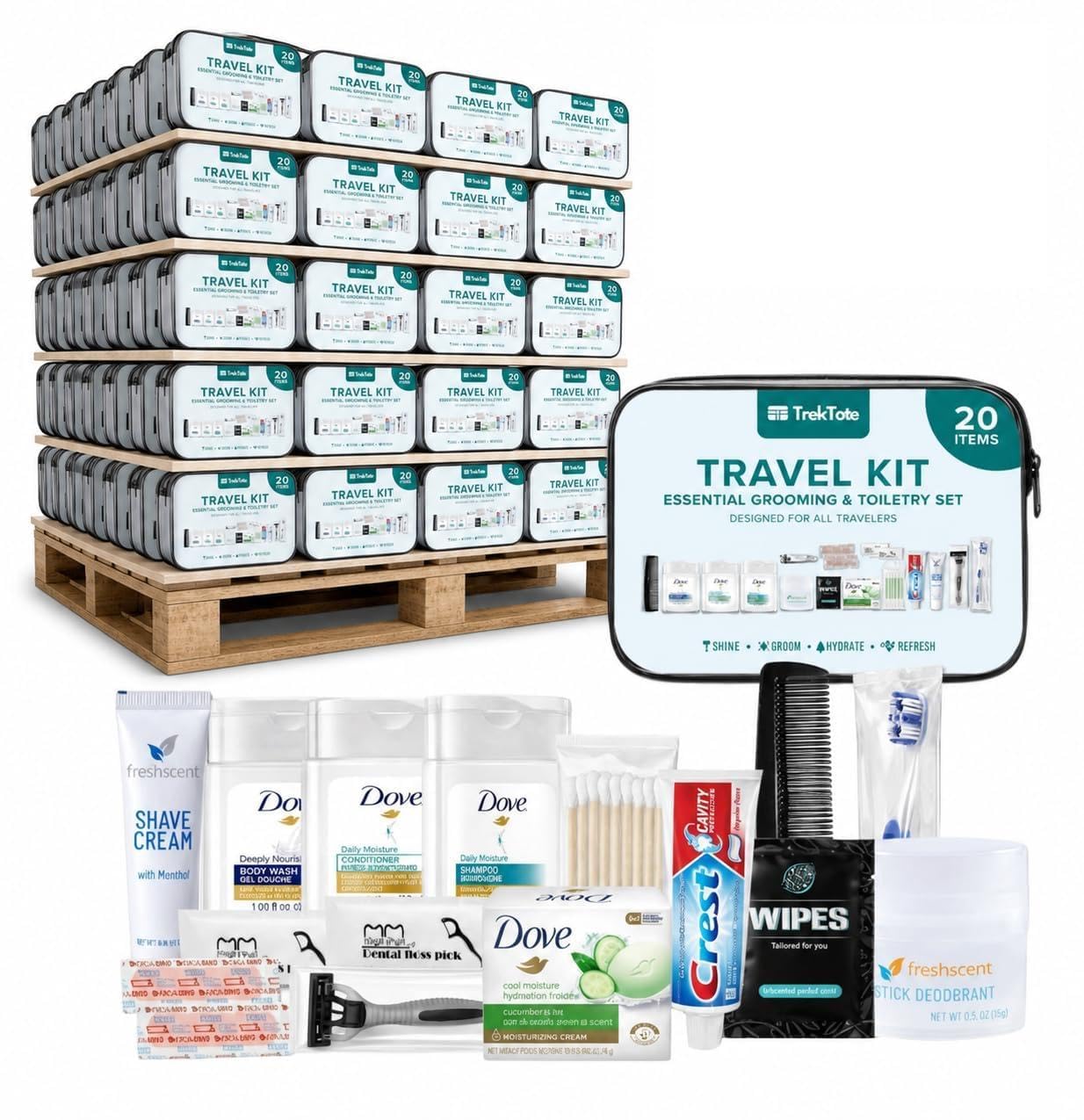 20 Piece Unisex Travel Hygiene Kit with Toiletries & Personal Care Essentials, TSA-Compliant, Individual and Bulk Packs Available (1500 Pack)