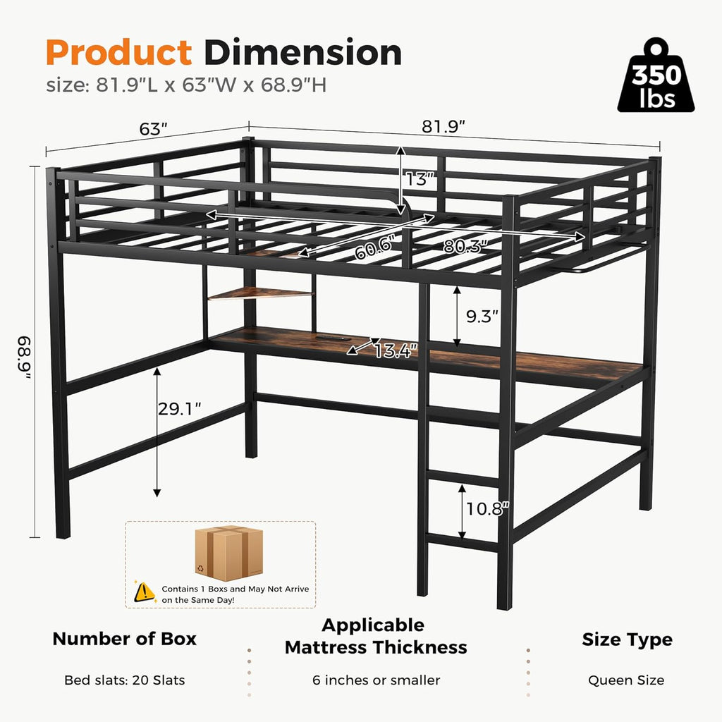 Queen Size Metal Loft Bed with Desk, LED Lights & USB Charging Station, Sturdy Noise-Free High Loft Bed Frame with Safety Guardrails, Space-Saving Loft Bedframe for Adults, Kids, Teens, Black (Queen)
