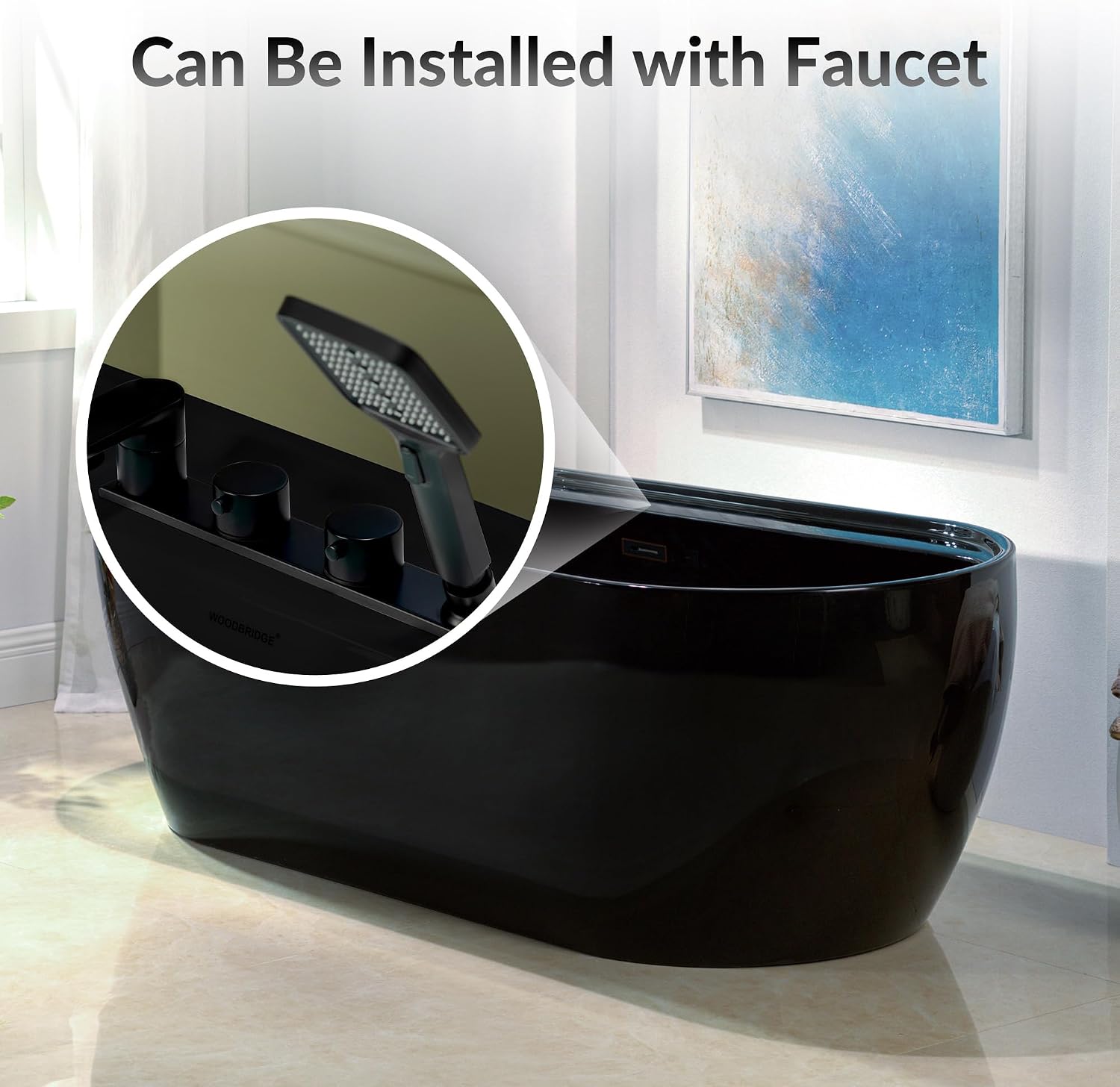 WOODBRIDGE 72' L x 35-3/8' W Freestanding Contemporary Acrylic Soaking Bathtub in Glossy Black Inside and Outside with Oil-Rubbed Bronze Drain & Overflow,B8859-ORB