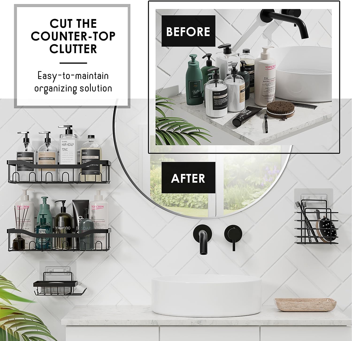 Hearth & Harbor Bathroom Set - Black Bathroom Accessories Set, 24PC Bathroom Accessory Set, Bathroom Sets with Shower Curtain Set, Adhesive Corner Shower Caddy Hanging & Soap Dispenser