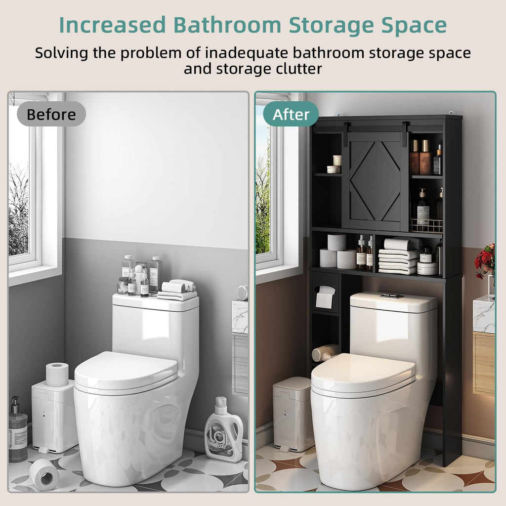Over the Toilet Storage Cabinet with Farmhouse Sliding Barn Door, Above Toilet Organizer with Toilet Paper Holder Stand, Behind Toilet Shelf, Space Saver for Restroom, Bathroom, Laundry, Black