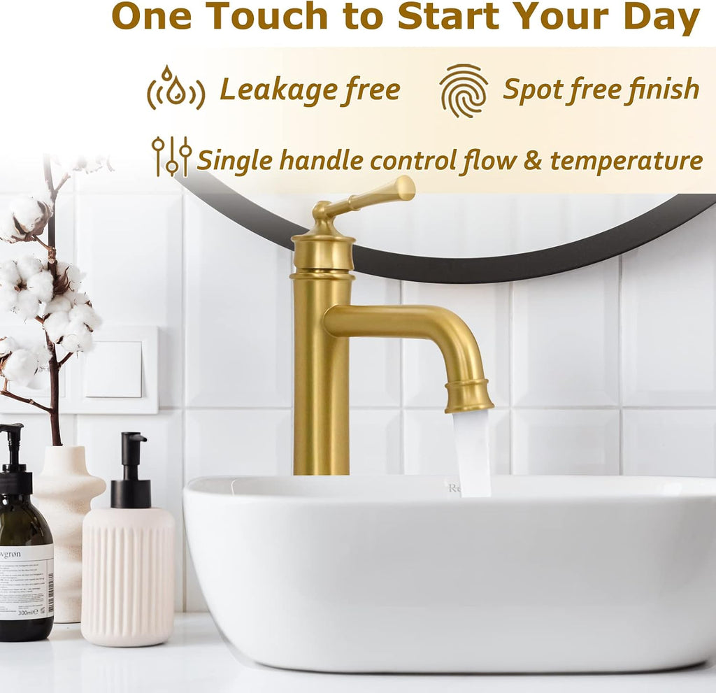 Vessel Sink Faucet Brushed Gold Tall Bathroom Faucet Deck Mount Single Handle One Hole Lavatory Vanity Faucet with Pop Up Drain Assembly Bathroom Sink Faucet for Mixer Bowl(L2302-BG)