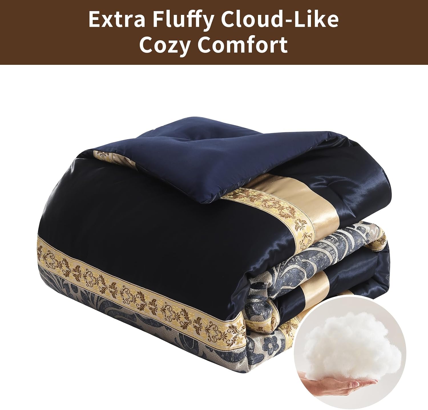 SahSahCasa 7-Piece Luxury California King Comforter Set, Cal King Comforter, Bed in a Bag California King, Jacquard Fluffy Comforter Bedding Set with Bedskirt, Pillows, Down-Alternative, Navy/Gold