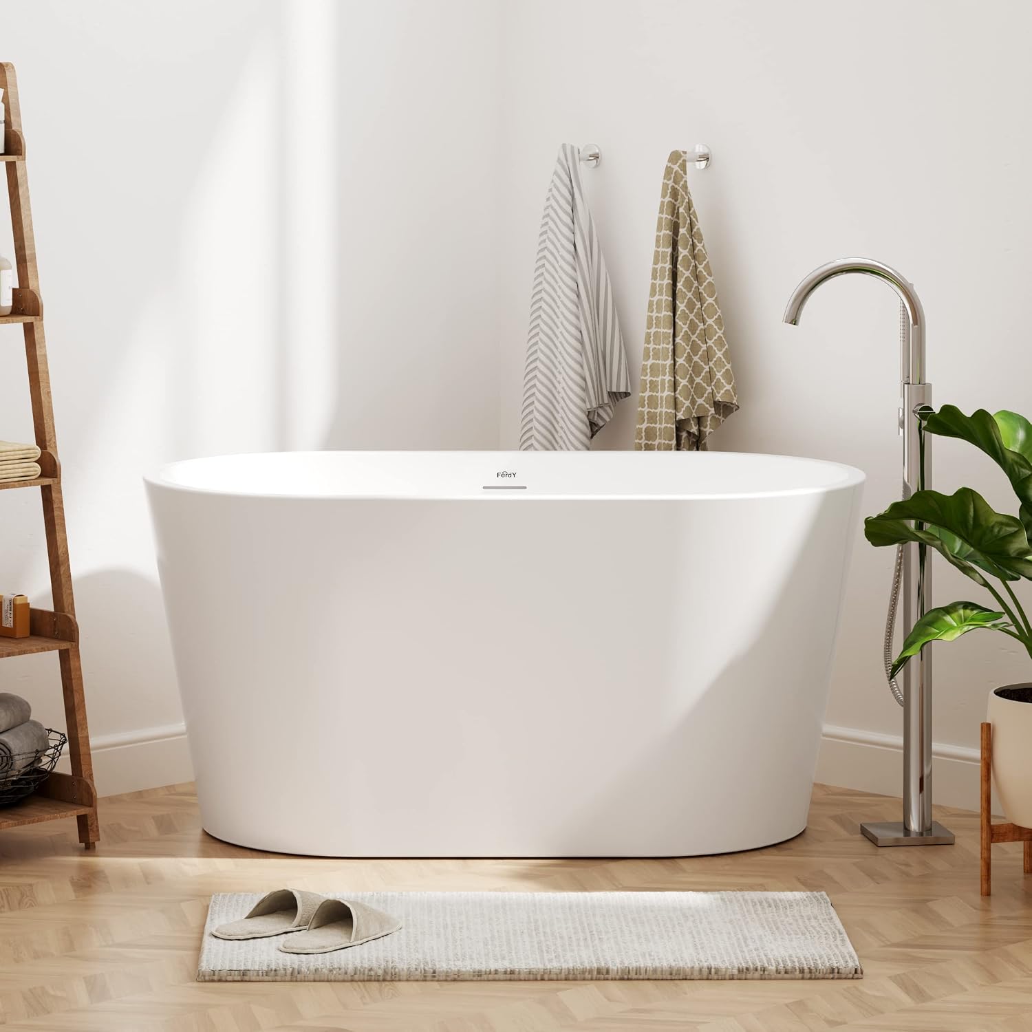 FerdY Shangri-La 47' Acrylic Freestanding Bathtub, Small Classic Oval Shape Acrylic Soaking Bathtub with Brushed Nickel Drain & Minimalist Linear Design Overflow, Modern White, cUPC Certified