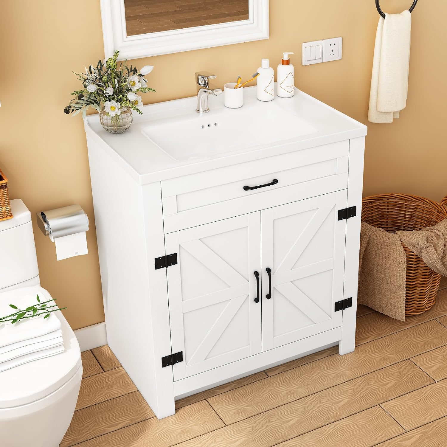 Bathroom Vanity, 24' Bathroom Vanity with Ceramic Sink, Farmhouse Bathroom Vanity Cabinet for Small Space, Freestanding Storage Cabinet with Shelf, 2 Doors, Easy Assembly
