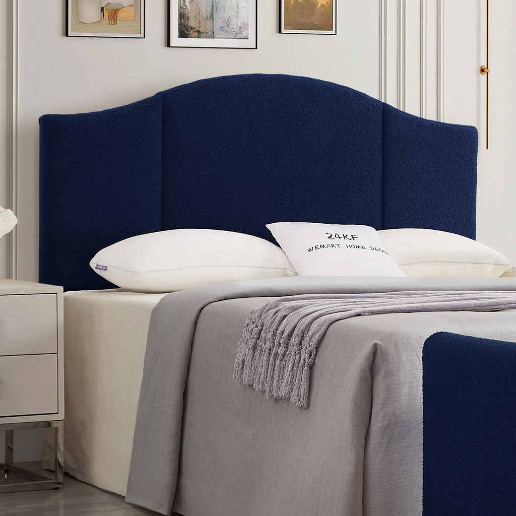24KF Upholstered Soft Teddy Fabric Queen Headboard,Modern Wave-Like Top Edge Full Size Headboard, 6033-Q-Navy