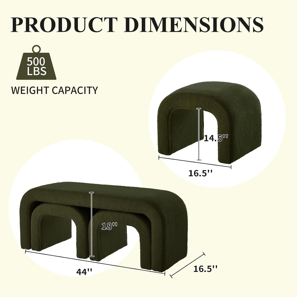 3-Piece Modern Ottoman Bench Set, 44' Wide Teddy Upholstered End of Bed Bench with 2 Foot Stools, Padded U-Shaped Entry Bench Vanity Stool for Living Room Bedroom (Dark Green)