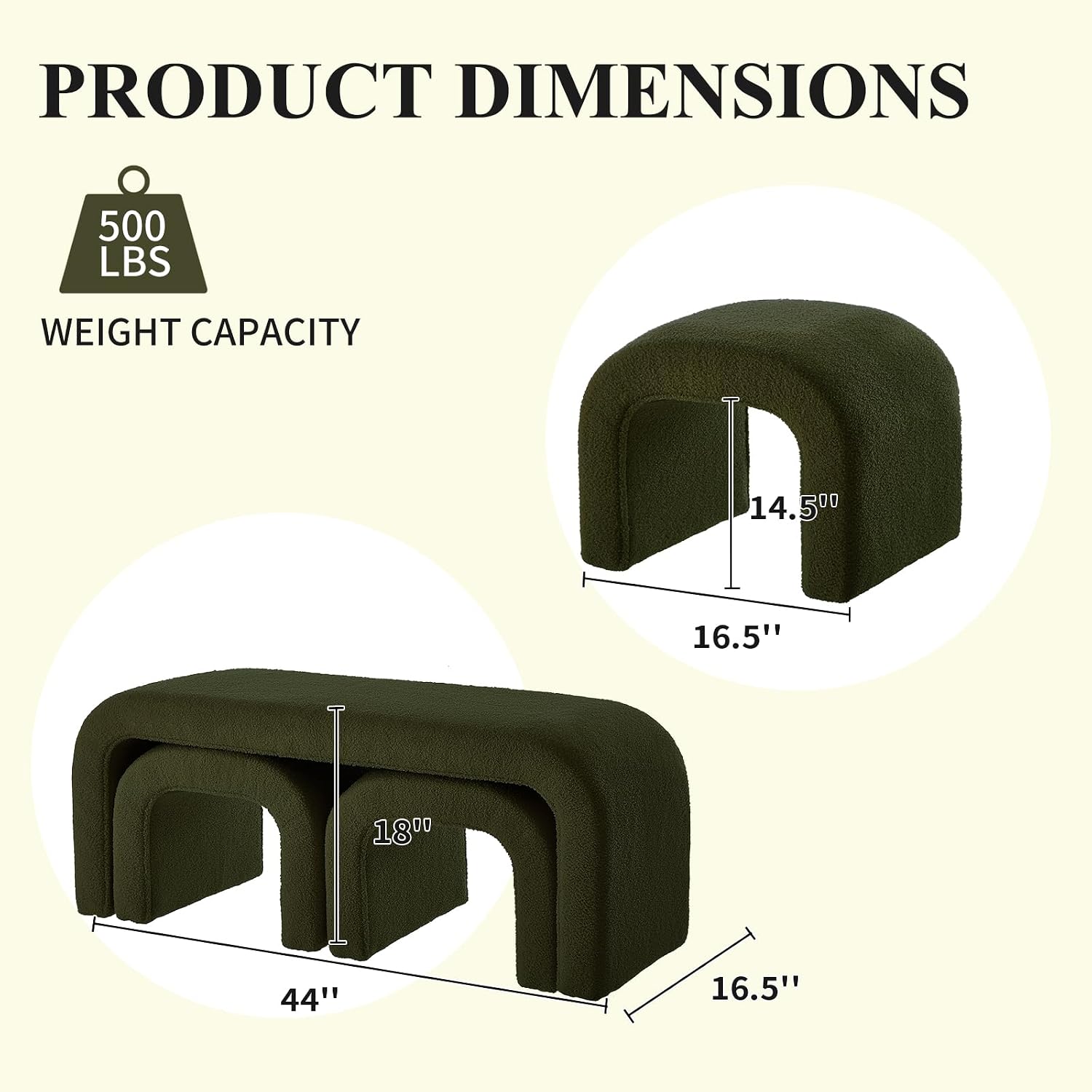 3-Piece Modern Ottoman Bench Set, 44' Wide Teddy Upholstered End of Bed Bench with 2 Foot Stools, Padded U-Shaped Entry Bench Vanity Stool for Living Room Bedroom (Dark Green)