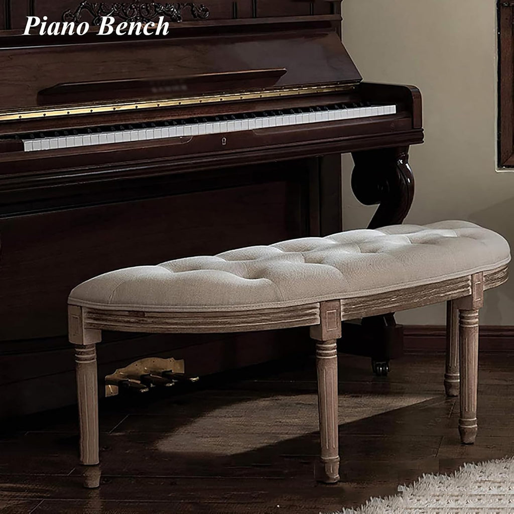 Half Moon Solid Wood Vanity Bench,Vintage French Upholstered Entryway Bench,Comfy Tufted Piano Benches Ottoman for Bedroom Living Room Hallway (27.56' W×13.78' D×18.5' H, Leather Orange)