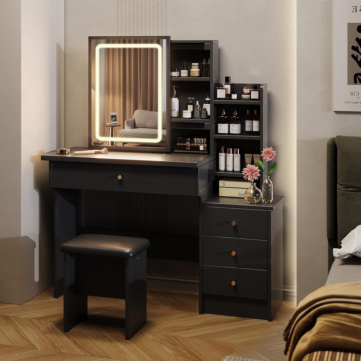Memobarco Vanity Desk with Mirror and Lights, Makeup Vanity with 3 Adjustable Lighting Modes, Small Vanity Desk with Sliding Mirror, 4 Drawers, 7 Shelves, Vanity Chair for Bedroom, Black