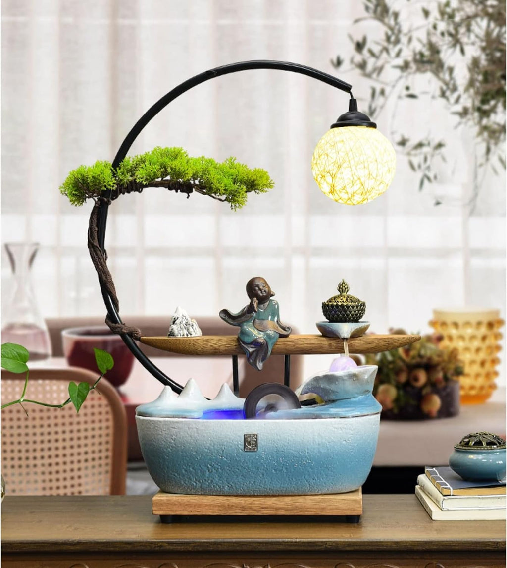 Tabletop Fountain Indoor Fountain Zen Meditation Desktop with Rattan Ball Lamp and Incense Burner Relaxation Waterfall Fountains Water Feature Tabletop for Home Office Decor