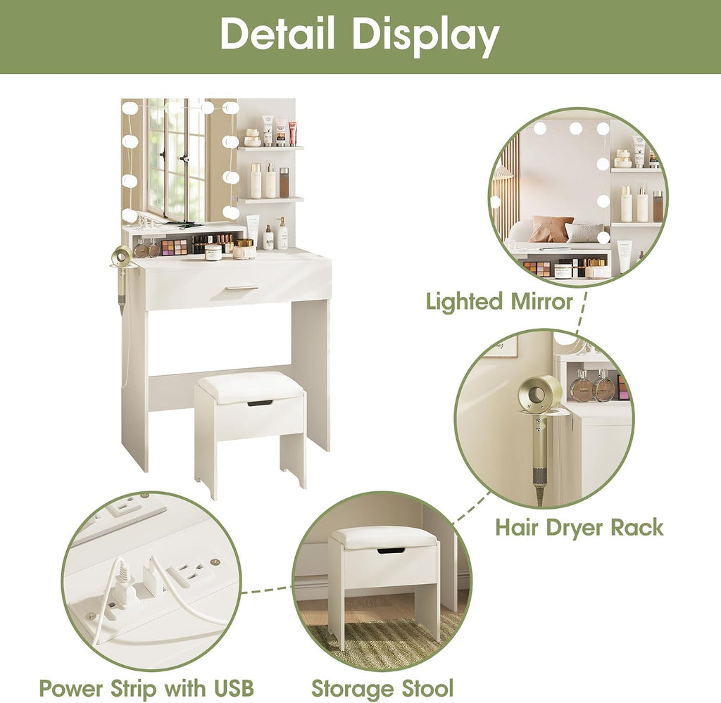 Vabches Small Vanity Desk with Mirror and Lights, Makeup Vanity with Storage Chair & Power Strip,Girl Dressing Table Set with Drawer for Bedroom,3 Lighting Modes,Brightness Adjustable,White