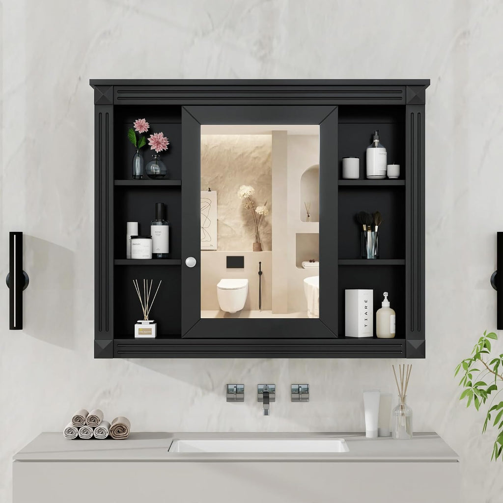 Merax Medicine Cabinet with Mirror, Wall Mount Bathroom Cabinet Over Toilet Storage Cabinet Organizer with Door and Open Shelves, Mirrored Bathroom Wall Cabinet