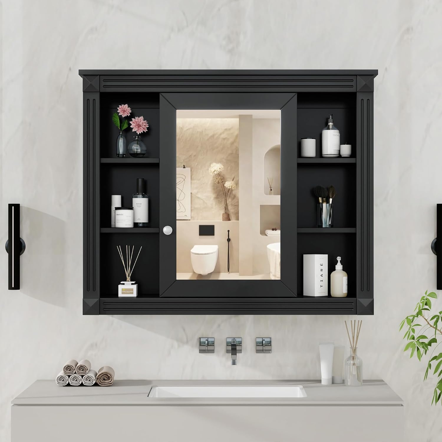 Merax Medicine Cabinet with Mirror, Wall Mount Bathroom Cabinet Over Toilet Storage Cabinet Organizer with Door and Open Shelves, Mirrored Bathroom Wall Cabinet