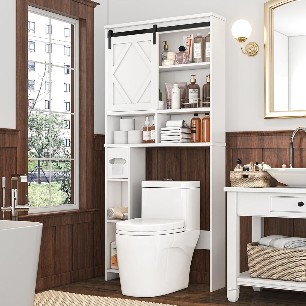Over the Toilet Storage Cabinet with Farmhouse Sliding Barn Door, Above Toilet Organizer with Toilet Paper Holder Stand, Behind Toilet Shelf, Space Saver for Restroom, Bathroom, Laundry, White