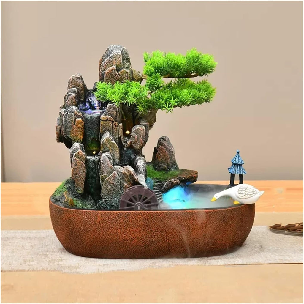 Desktop Fountain Indoor Tabletop Fountain Resin Water Fountains Artificial Bonsai Trees and Stone Mountains Relaxation Waterfall for Home Decor(Small)