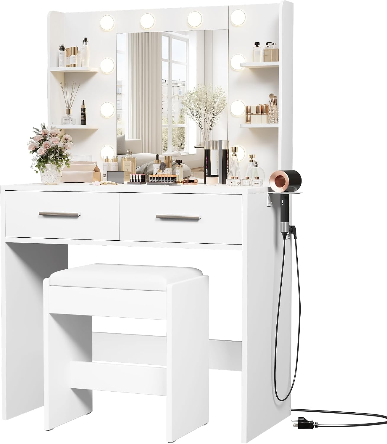 Furmax Make up Vanity Desk with Mirror and Power Outlet, Vanity with 3 Color Light Options Adjustable Brightness,Vanity Desk with 2 Drawers, 6 Storage Shelves (White, with Bench)