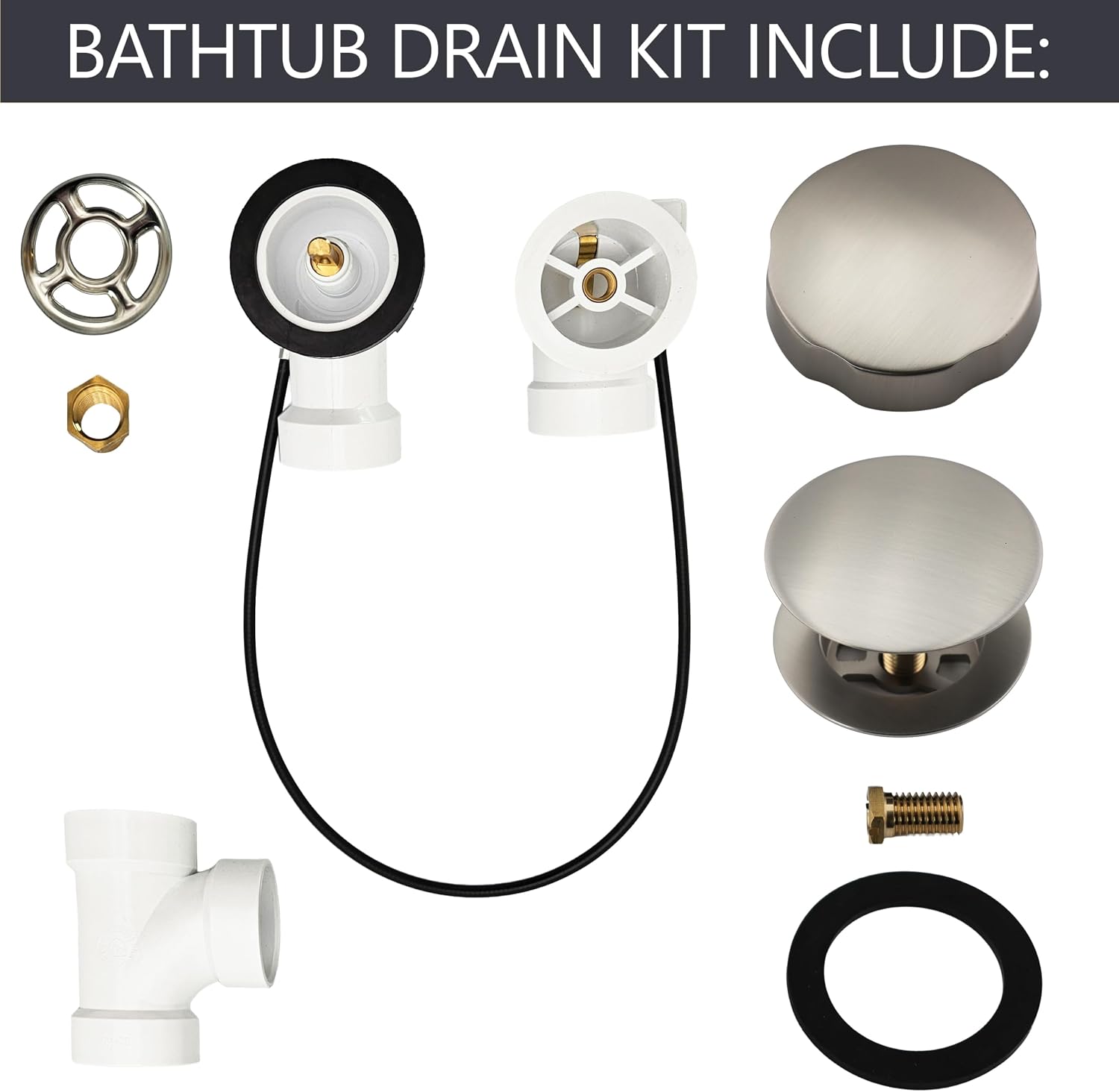 Westbrass A50P45-07 45' SCH. 40 PVC Cable Driven Bath Drain Trim Kit with Rotary Overflow Cover Knob and Pop-Up Stopper, Satin Nickel