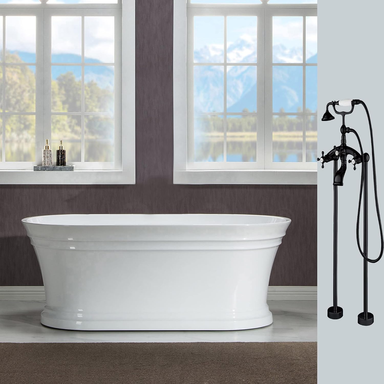 WOODBRIDGE 59'Freestanding White Acylic Soaking Bathtub with Drain Kit and Floor Mount Tub Filler in Brushed Nickel,BTA1536 -B/N-Drain &O +F0018BN