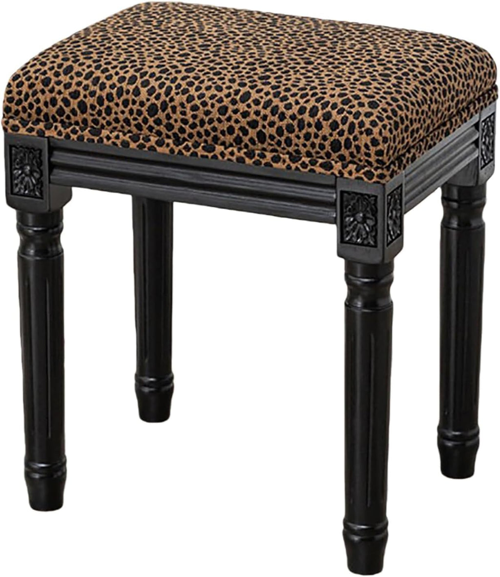 Upholstered Vanity Stool with Carved Dressing Makeup Bench with Solid Wood Legs Multi-Functional and Comfy Retro Bench Piano Seat for Bedroom, Bathroom, Vanity Table,Leopard Print