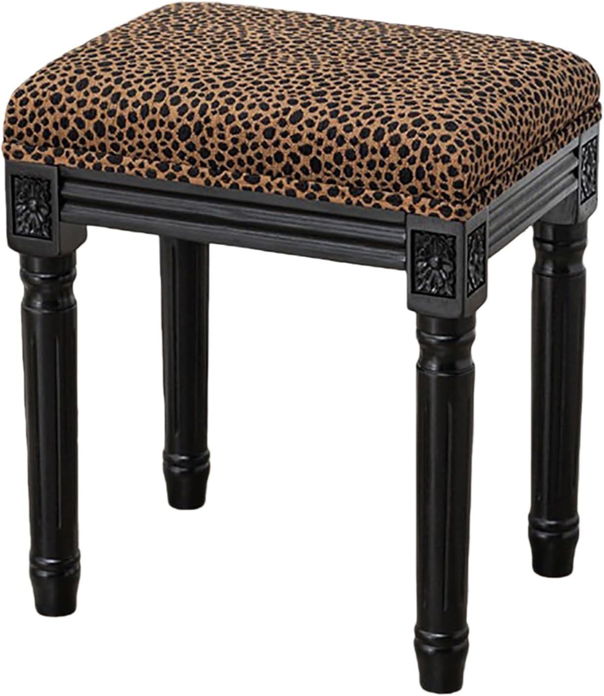 Upholstered Vanity Stool with Carved Dressing Makeup Bench with Solid Wood Legs Multi-Functional and Comfy Retro Bench Piano Seat for Bedroom, Bathroom, Vanity Table,Leopard Print