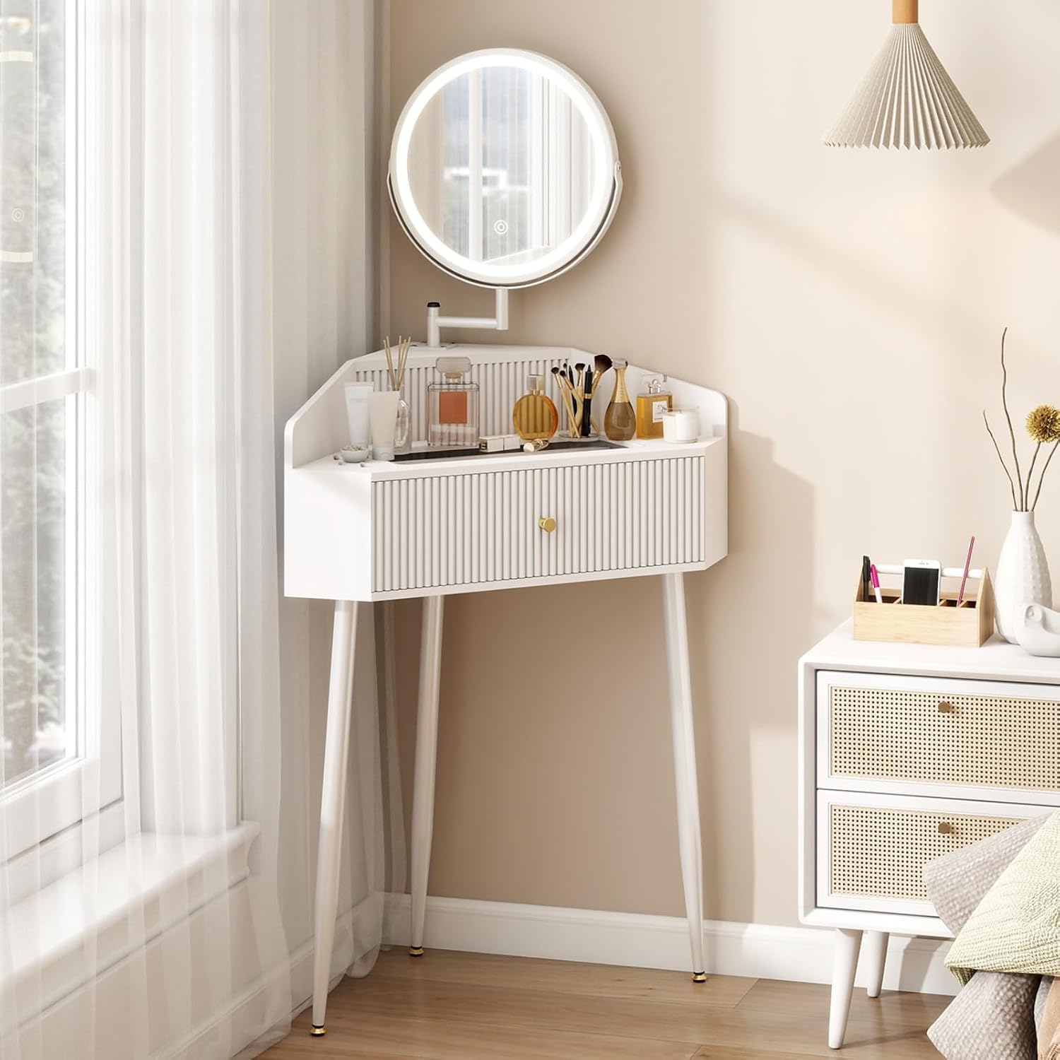 ARTETHYS Corner Vanity Desk with Retractable and Rotating Mirror and Lights Small Modern White Makeup Vanity Set with Glass Top for Women Compact Girls Dressing Table with Storage for Small Space