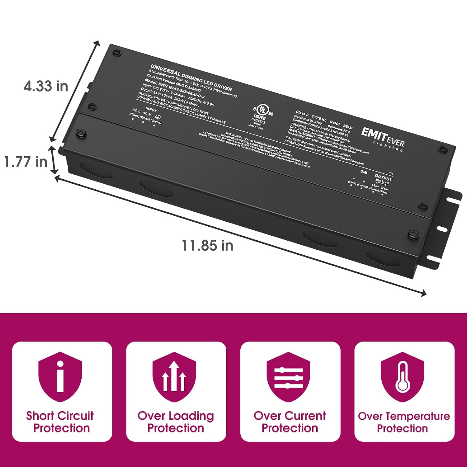 EMITEVER 288W Dimmable LED Driver, 24V 5-in-1 Dimmable Power Supply,3-Channels AC to DC Transformer for LED Light, Compatible with Lutron and Leviton Dimmer, Waterproof IP67 and UL Listed, Class 2