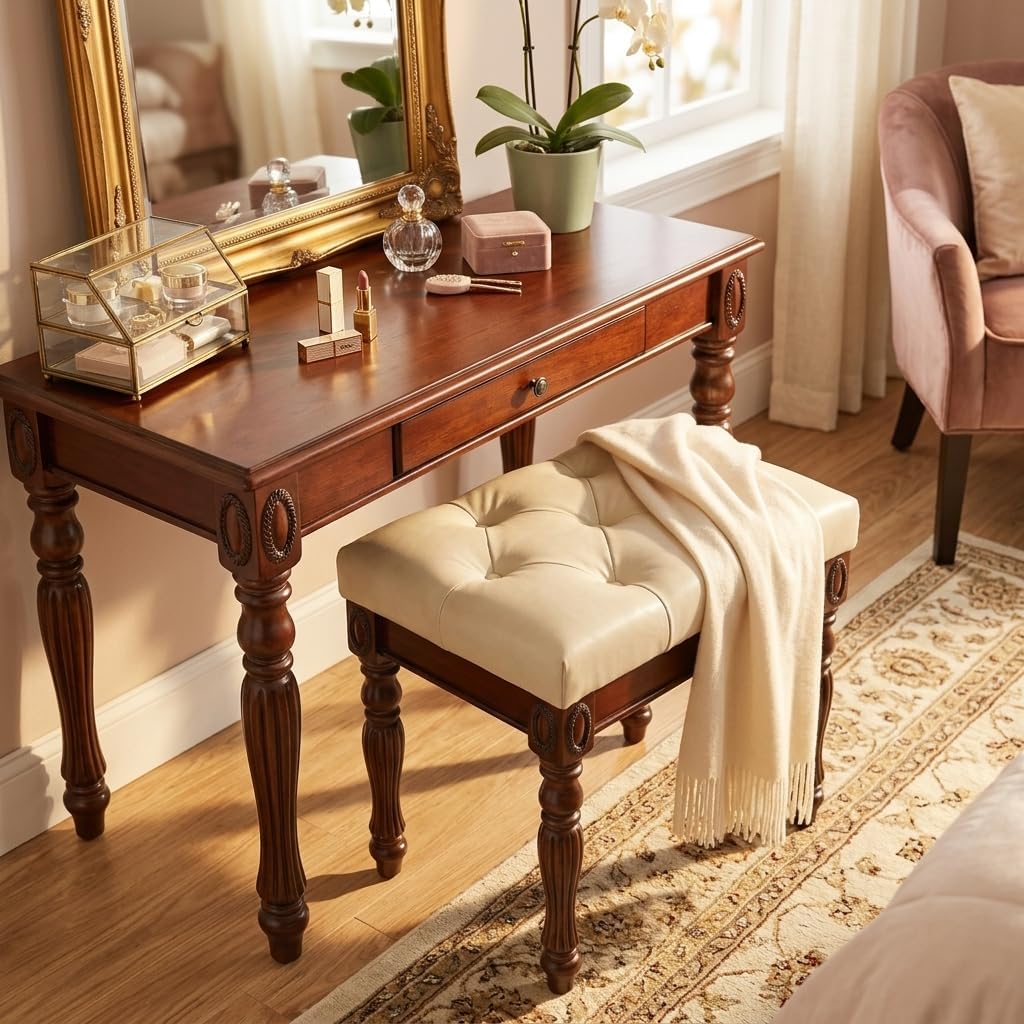 Vanity Bench Stool with Upholstered Seat, Piano Bench with Solid Wood Carving Legs, Home Chairs Button Padded Cushion, Makeup Dressing Bench, No-Tools Assembly, Cherry Walnut Leg & Beige FD1533BG