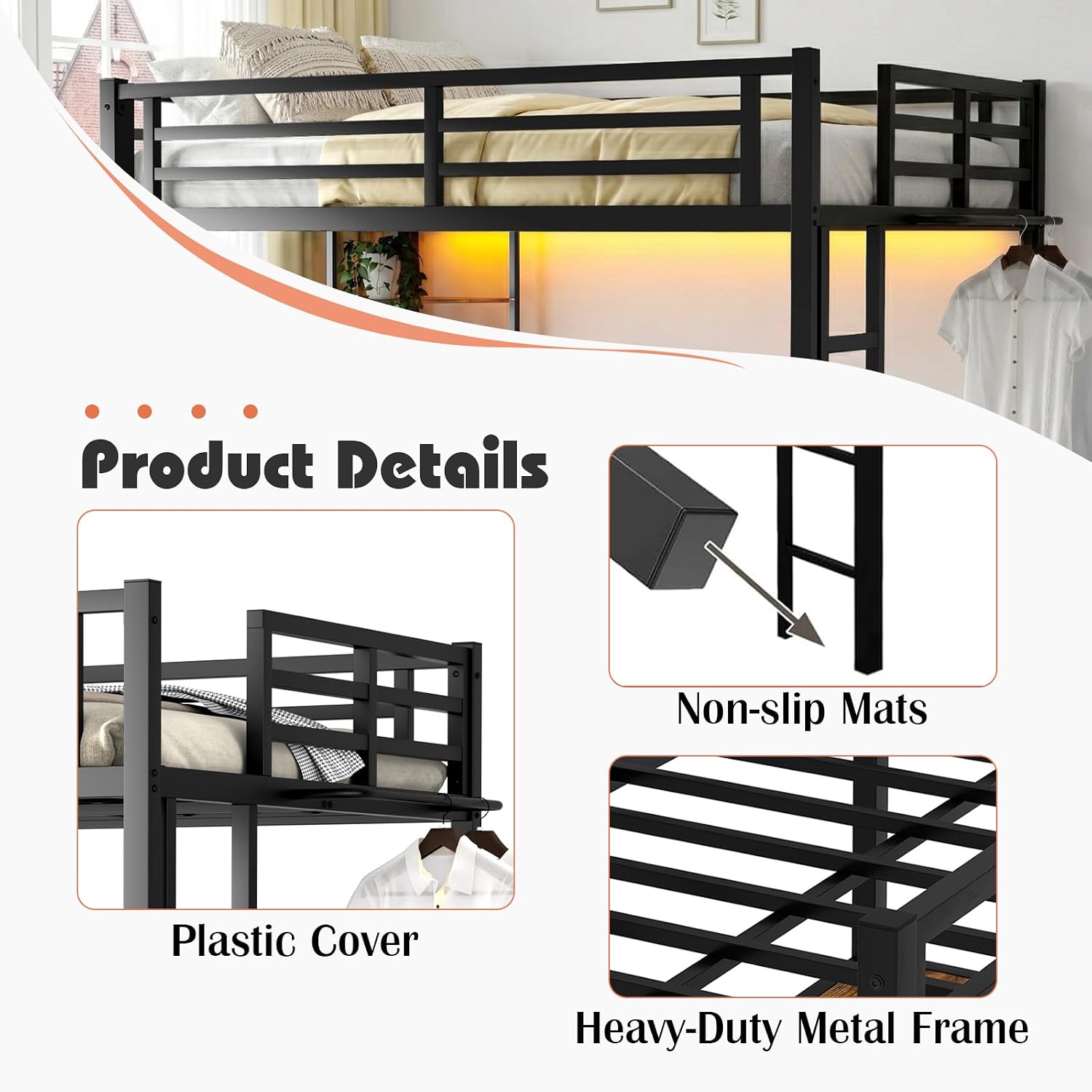 Full Size Metal Loft Bed with Desk, LED Lights & USB Charging Station, Sturdy Noise-Free High Loft Bed Frame with Safety Guardrails, Space-Saving Loft Bedframe for Adults, Kids, Teens, Black (Full)