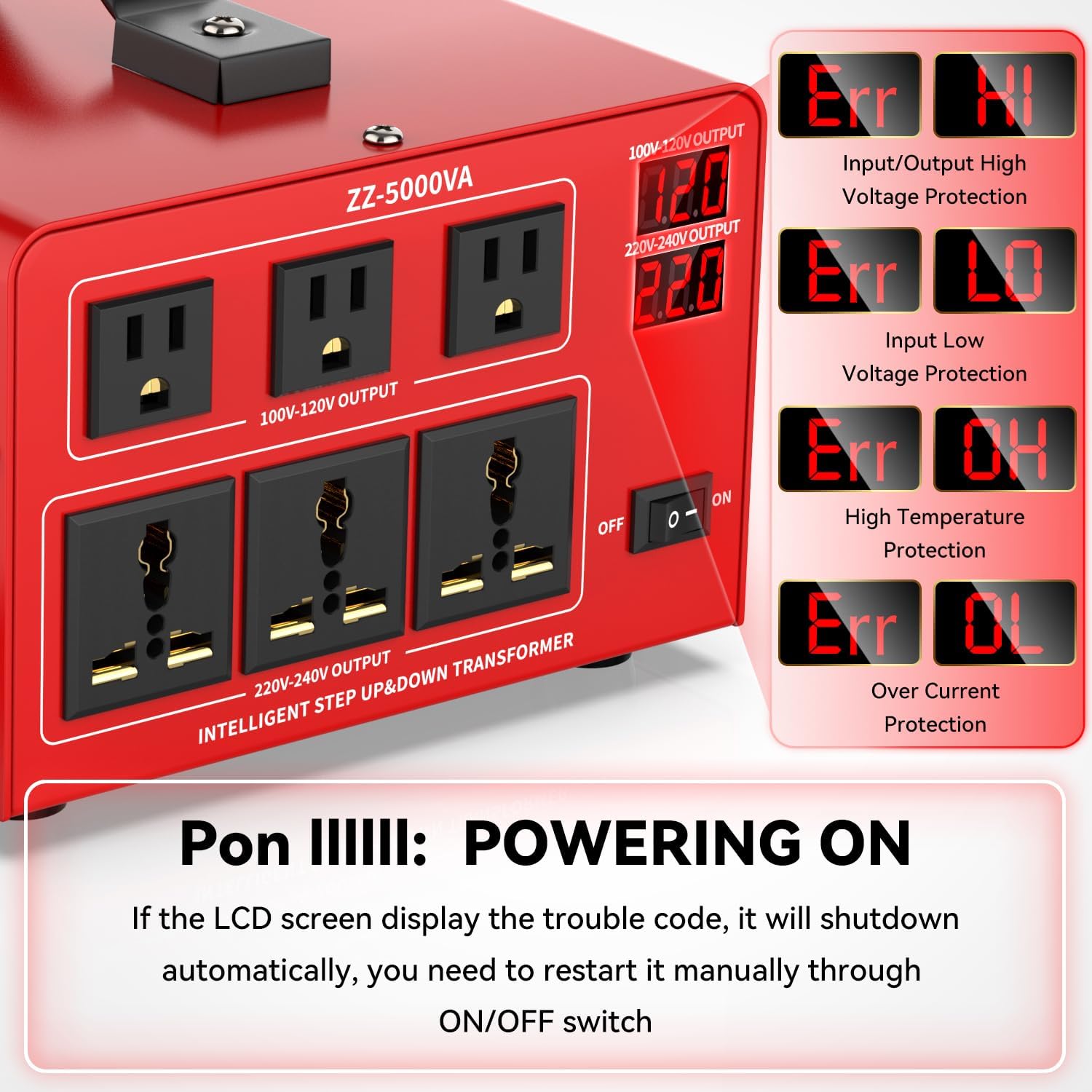 5000W Heavy Duty Voltage Converter Transformer – Step Up 110V to 220V & Step Down 220V to 110V, Auto Input Recognition, 3 US & 3 Universal Outlets, LCD Display, Circuit Breaker for Travel & Home