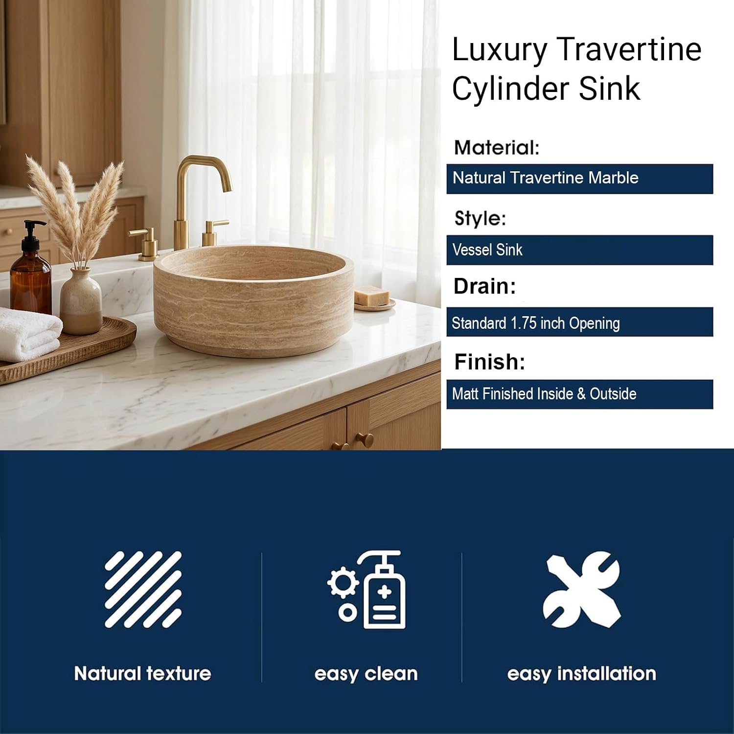 16' Natural Travertine Stone Round Bathroom Vessel Sink,Warm Beige Marble Bathroom Sink, Vanity Bowl Basin