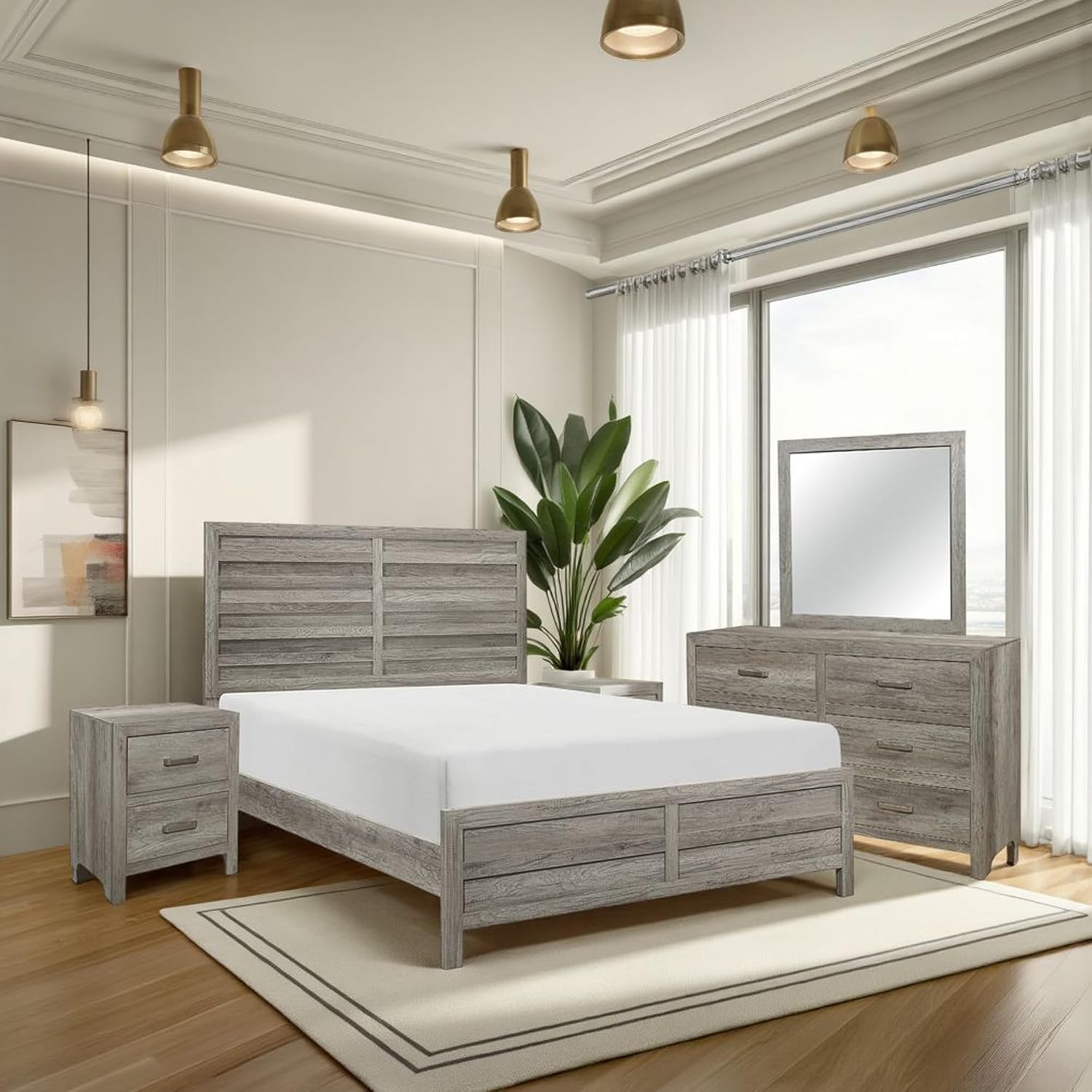 Benzara Kade 4 Pc Queen Size Bedroom Set- Slatted Panel Design- Weathered Gray Finish
