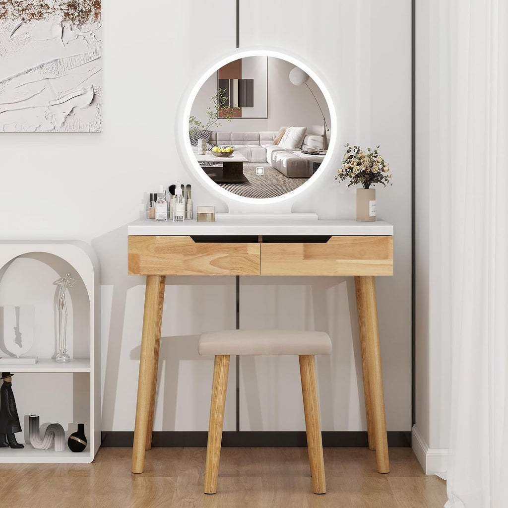 YOURLITE Makeup Vanity Desk with Lights,Small Vanity with Adjustable Brightness Mirror for Small Spaces, Dressing Table with Drawers (31.5', Circular Mirror Wood)