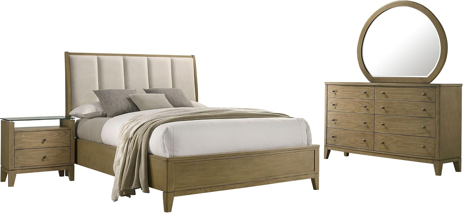 Coaster Home Furnishings Granada Transitional 4-Piece Bedroom Set Fabric Upholstered Queen Size Panel Bed Frame 53-inch Headboard Natural Pine 224921Q-S4